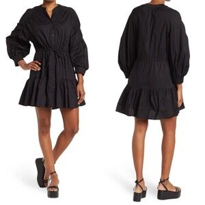 ASTR the Label Ruched Shirt Dress Cotton Button Up Mini Tie Waist Black Ruffle M